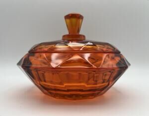 Viking Glass Persimmon Diamond Point Candy Dish with Lid 7” Vintage MCM